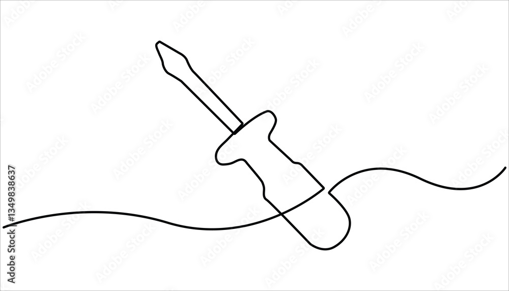 Obraz premium Screwdriver continuous one line drawing. Single line of screwdriver vector illustration. Continuous line drawing of screwdriver. Screwdriver linear icon.