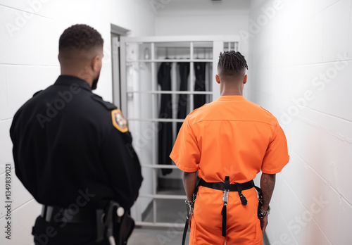 Back view of prisoner being escorted by police officer in jail corridor