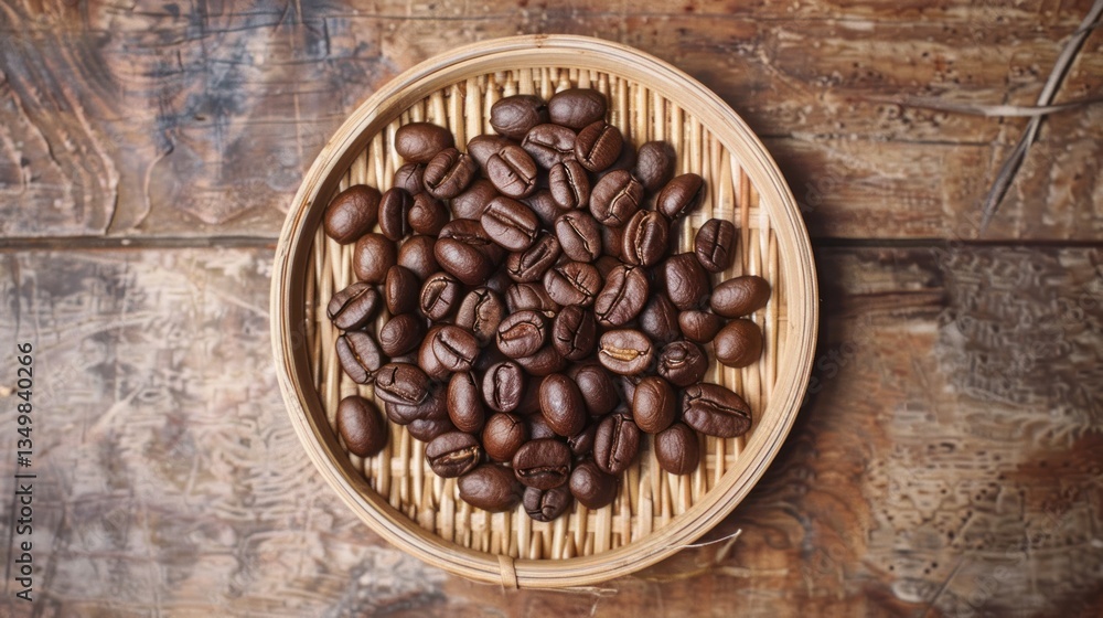 Fototapeta premium Top view a bowl of roasted coffee beans on a wooden table.
