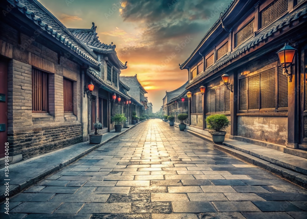 Panoramic View of Empty Xi'an Sidewalk, March 2018 - Historic China Street Scene Panoramic View of Empty Xi'an Sidewalk, March 2018 - Historic China Street Scene