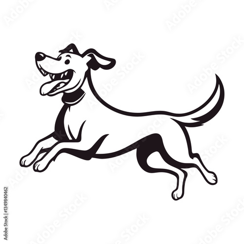 A black and white vector silhouette of a dog happily running with its tail wagging, full of life, on a clean white background