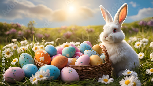 Cute Easter bunny with colorful eggs in a festive spring setting