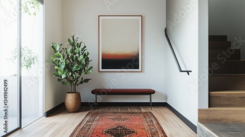 Modern hallway with art, plant, and bench
