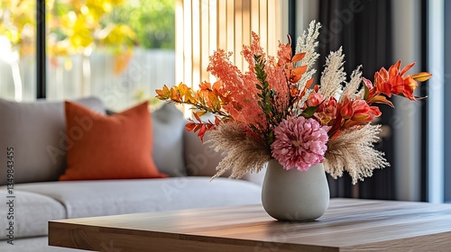 Autumnal floral arrangement on a coffee table in a modern living room