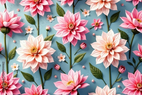 Elegant dahlia pattern, soft pastel hues, repeating design , illustration, repeating, botanical