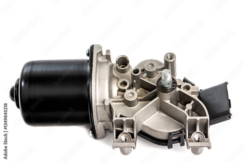Auto parts for car repairs. An electric motor with a gearbox and a spline rod for the car wiper blade mechanism. A detail for a car on a white background. Auto parts for car repairs. An electric motor with a gearbox and a spline rod for the car wiper blade mechanism. A detail for a car on a white background.