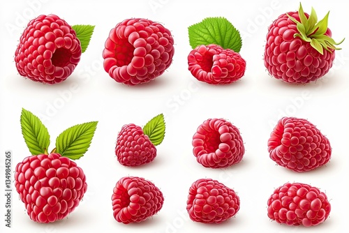 Set of ripe juicy raspberries with leaf isolated on white background.