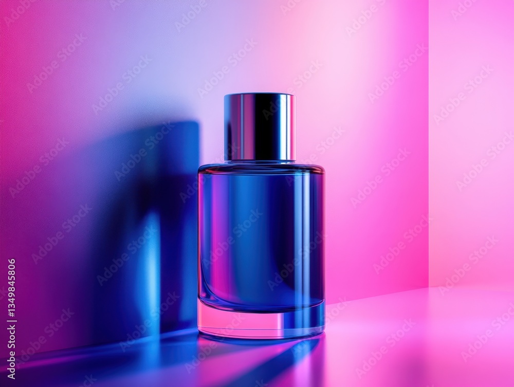 Aromatic Essence: A sleek perfume bottle casts a captivating shadow against a backdrop of vibrant pink and blue hues. Aromatic Essence: A sleek perfume bottle casts a captivating shadow against a backdrop of vibrant pink and blue hues.