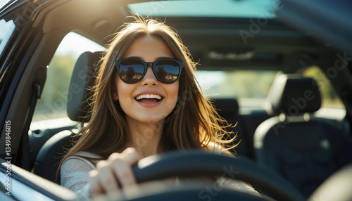 The image features a woman with long hair in a car's driver's seat, exuding joy as she drives. She wears dark sunglasses, adding to her stylish appearance. The car's interior is sleek and modern, with