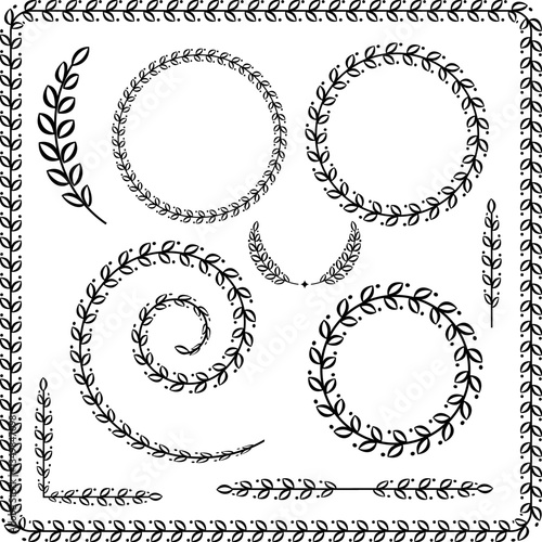 Set of 5 black and white decorative ethnic frames and borders of olive laurel branches with carved leaves. Design elements for certificates, books, labels, stickers, champion awards