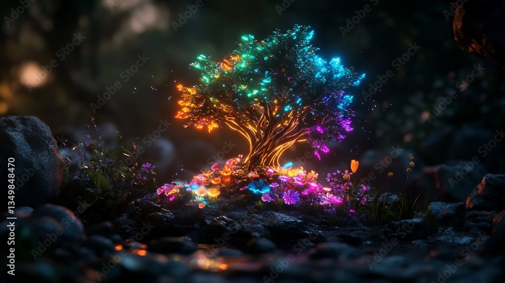 Fototapeta premium Rainbow Luminescence: Enchanted Tree Illuminating a Mystical Floral Grove