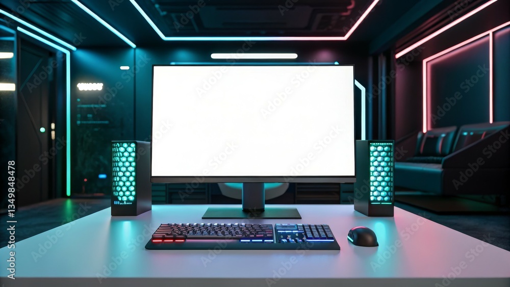 A modern gaming setup featuring a large blank monitor, a stylish keyboard, and illuminated speakers in a high-tech environment. A modern gaming setup featuring a large blank monitor, a stylish keyboard, and illuminated speakers in a high-tech environment.