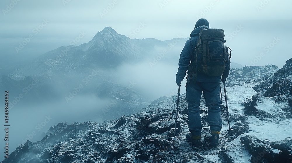 Obraz premium A lone hiker surveys a foggy mountain range from a snowy, rocky summit