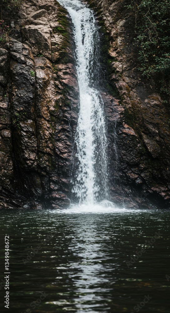Obraz premium Serene Waterfall Cascading Down Rocky Cliffs into a Deep Pool of Water