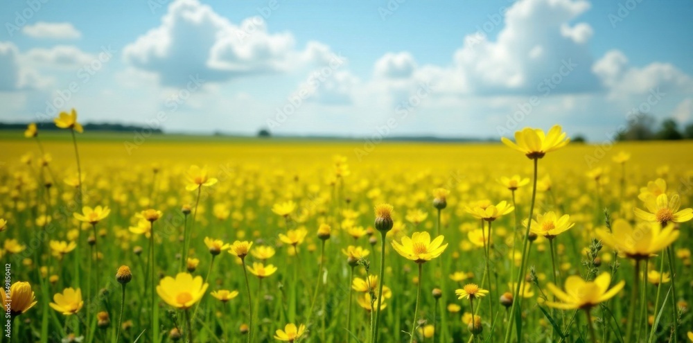 Fototapeta premium Vibrant yellow blooms amidst wildflowers in a vast open meadow, meadow, bloom