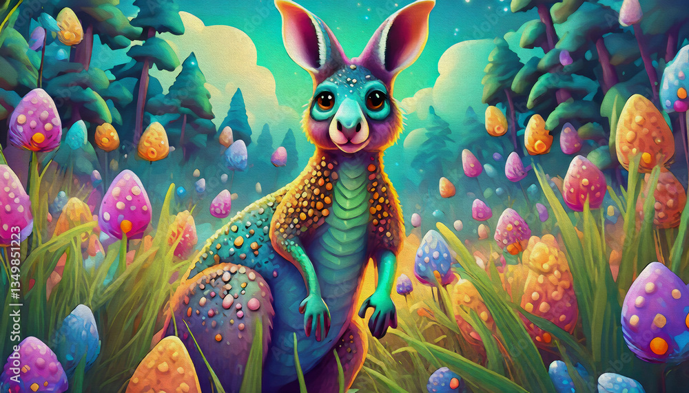 Fototapeta premium oil painting style cartoon character illustration multicolored a kangaroo standing in the middle of a field of tall grass