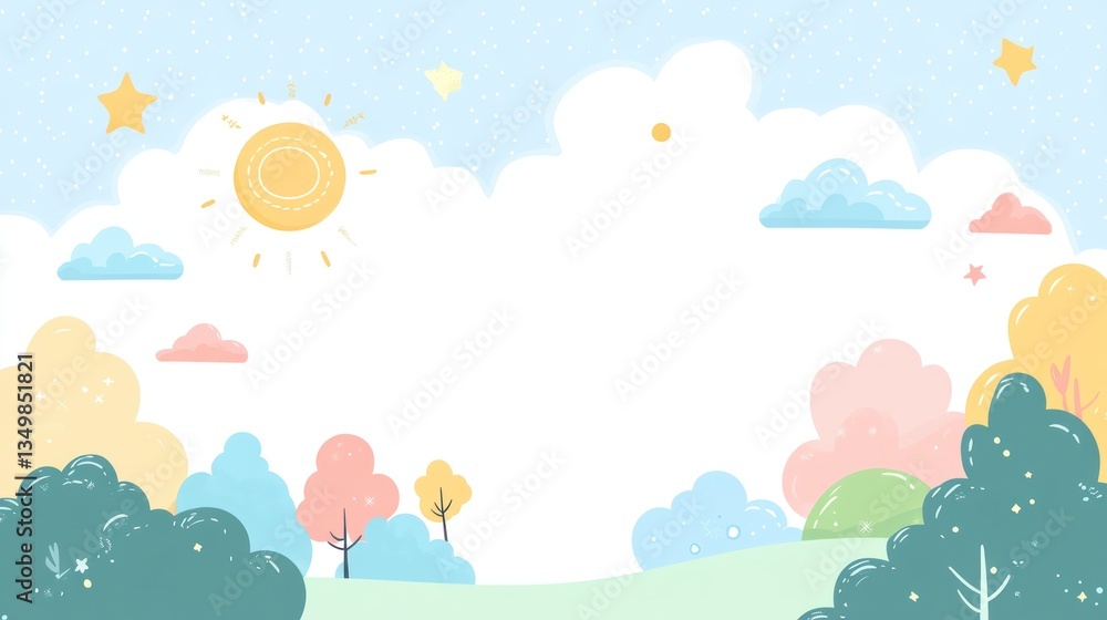 Pastel landscape, cute cartoon clouds, sun, trees, sky, nature background, children's, poster Pastel landscape, cute cartoon clouds, sun, trees, sky, nature background, children's, poster