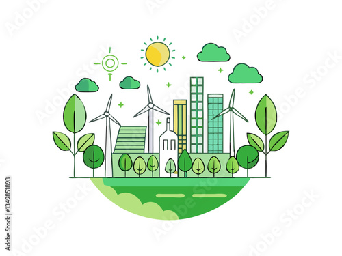 This vibrant illustration World Environment Day. depicts a modern city nestled within a sustainable environment. Sustainable Cityscape: A Green Future for Urban Living. World Environment Day. 5 june .