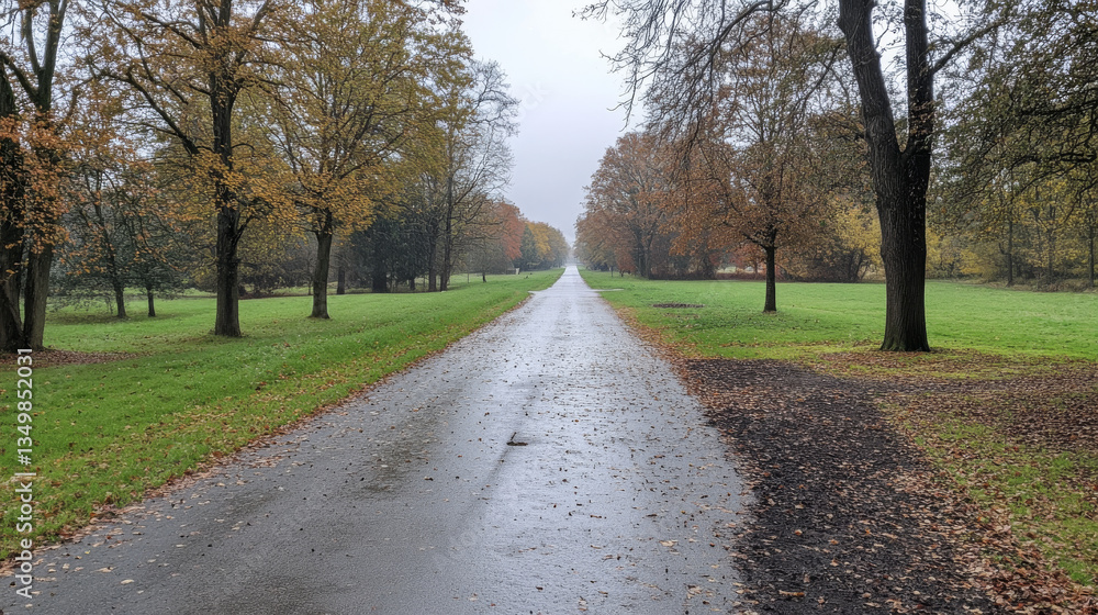 A long, wet pathway stretches through a peaceful park, lined with trees showcasing vibrant autumn colors A long, wet pathway stretches through a peaceful park, lined with trees showcasing vibrant autumn colors