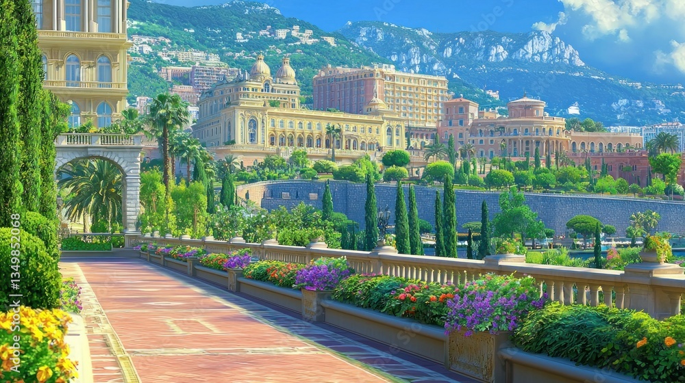 Monaco luxury walkway, sunny day, lush gardens, buildings in background Monaco luxury walkway, sunny day, lush gardens, buildings in background