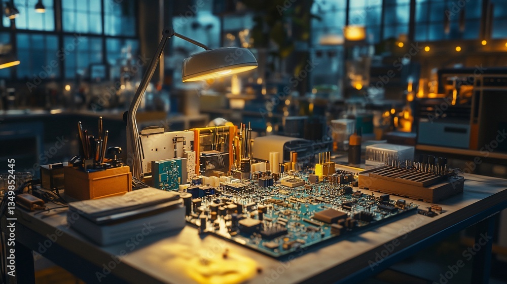 Electronics workbench Circuit board repair under desk lamp in workshop background