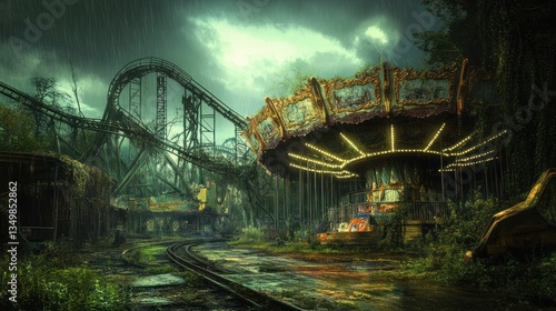 Abandoned amusement park, overgrown with vegetation, under a stormy sky.  A rusty rollercoaster and carousel stand amidst the decay