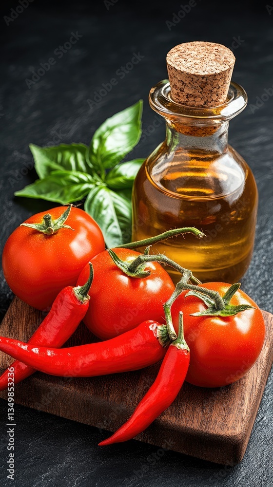 Fresh tomatoes and chili peppers arranged on a wooden board with olive oil bottle and basil leaves in a kitchen setting Fresh tomatoes and chili peppers arranged on a wooden board with olive oil bottle and basil leaves in a kitchen setting