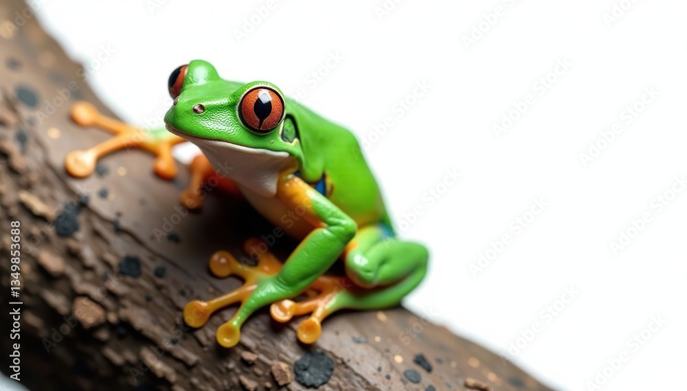 Obraz premium Green tree frog perched on white, vibrant skin details, texture, jump