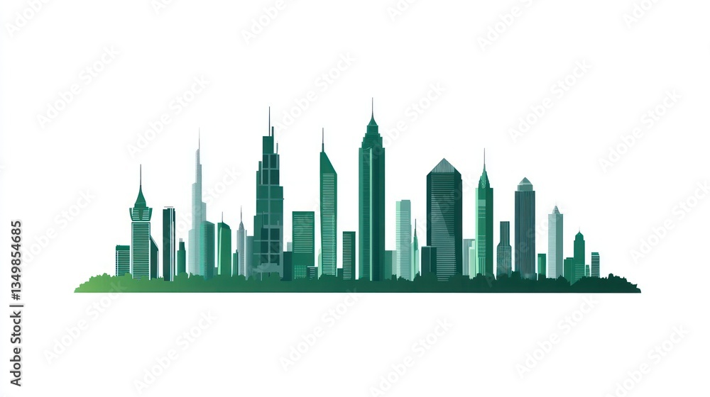 Naklejka premium Modern city skyline silhouette, graphic design, abstract illustration, digital art, use for backgrounds, presentations, or prints