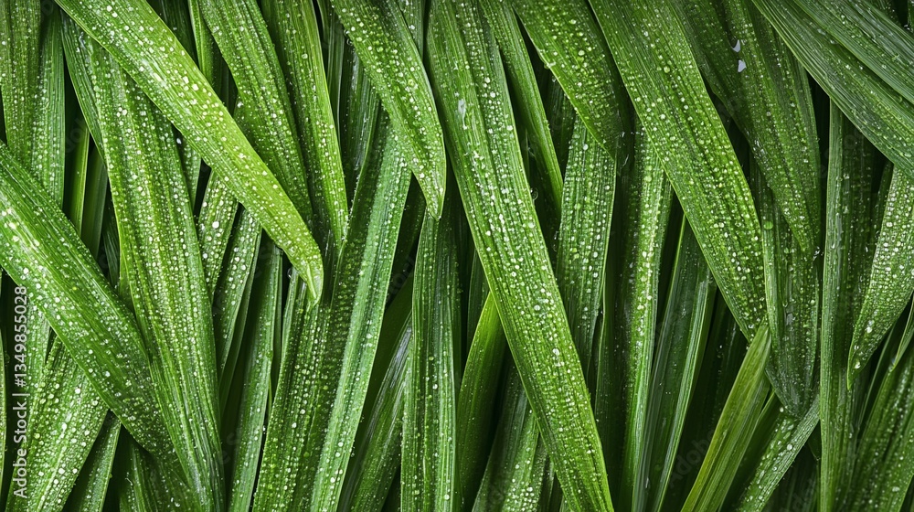 Fototapeta premium Dew-covered grass blades, close-up, garden, background blurred, texture
