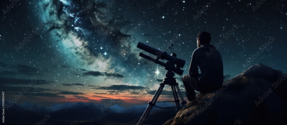 Fototapeta premium A man with telescope looking sky stars at night outdoor. AI generated image