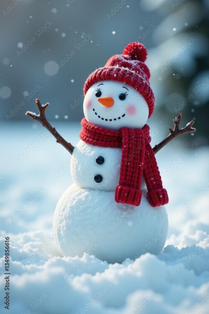 A cheerful snowman standing amidst a blanket of fresh powdery snow, landscape, scenery A cheerful snowman standing amidst a blanket of fresh powdery snow, landscape, scenery
