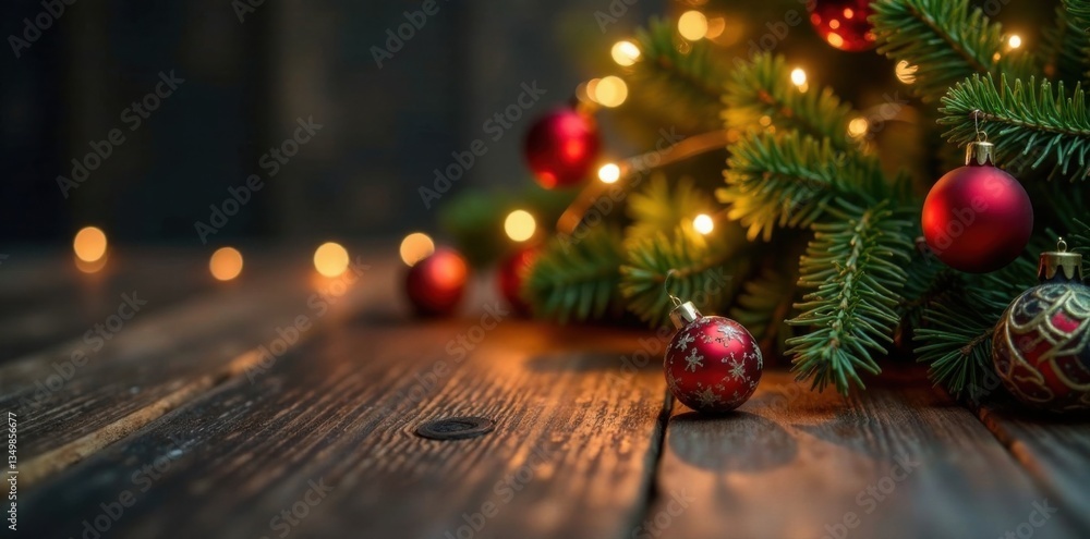 A Christmas tree on wooden table with festive lights and ornaments, Holiday decorations, Seasonal decor, Festive lights A Christmas tree on wooden table with festive lights and ornaments, Holiday decorations, Seasonal decor, Festive lights