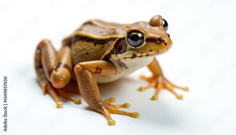 Obraz premium Brown frog on pristine white, showcasing texture, webbed feet visible, webbed feet, animal photography, copy space