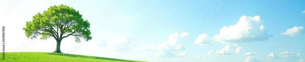 Fototapeta premium Tree in white background against clear blue sky with fluffy clouds, landscape, isolated