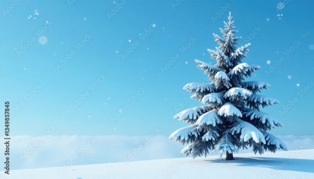 A lone snow-covered pine tree stands against a bright blue sky with a few scattered snowflakes and a hint of mist, blue sky, calming A lone snow-covered pine tree stands against a bright blue sky with a few scattered snowflakes and a hint of mist, blue sky, calming