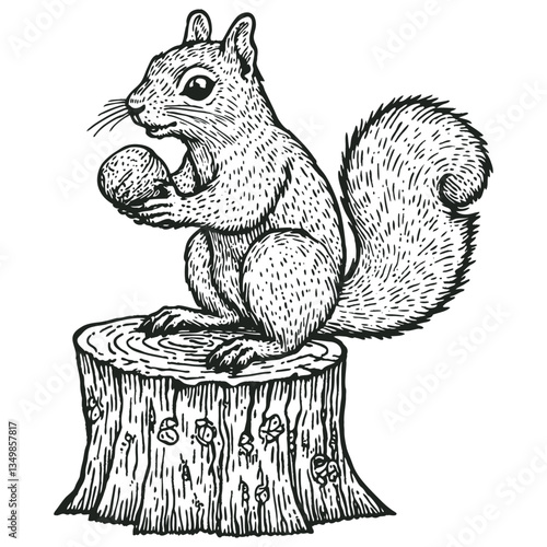 Vector illustration of a detailed squirrel sitting on a tree stump holding an acorn, rendered in black and white engraving or woodcut style with intricate line work showing fur texture