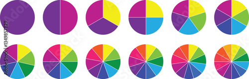 Pie chart color icons. Segment slice sign. Circle section graph. Pie chart set. Colorful diagram collection. 2,3,4,5,6,7,8,9,10,11,12 segment infographic. Circle pie chart diagram.
