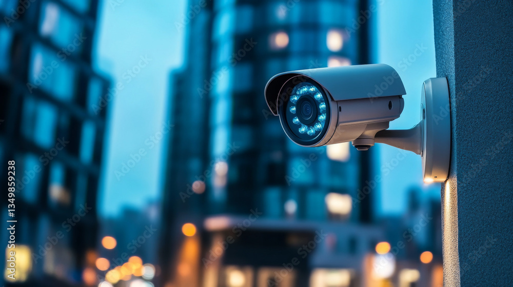 A surveillance camera is positioned on a modern building, equipped with infrared lights, and captures the bustling city environment as twilight descends A surveillance camera is positioned on a modern building, equipped with infrared lights, and captures the bustling city environment as twilight descends
