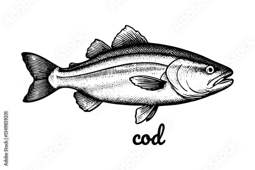 cod Fish Vintage Engraved. Ink style, hand drawn illustration. Isolated on white background, vector illustration.