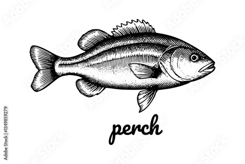 perch Fish Vintage Engraved. Ink style, hand drawn illustration. Isolated on white background, vector illustration.