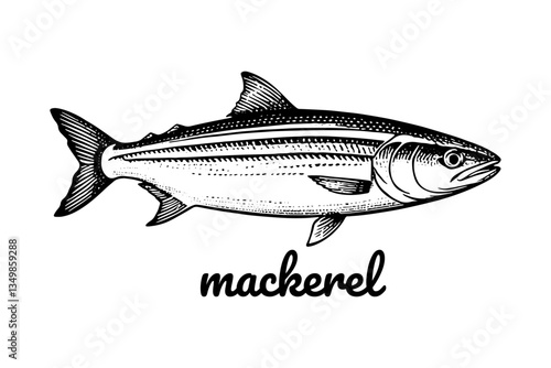 mackerel Fish Vintage Engraved. Ink style, hand drawn illustration. Isolated on white background, vector illustration.