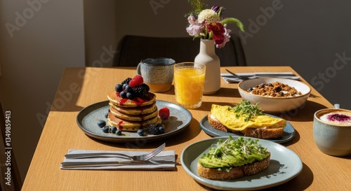 Table set with healthy breakfast including pancakes, omelette, avocado toast, and orange juice