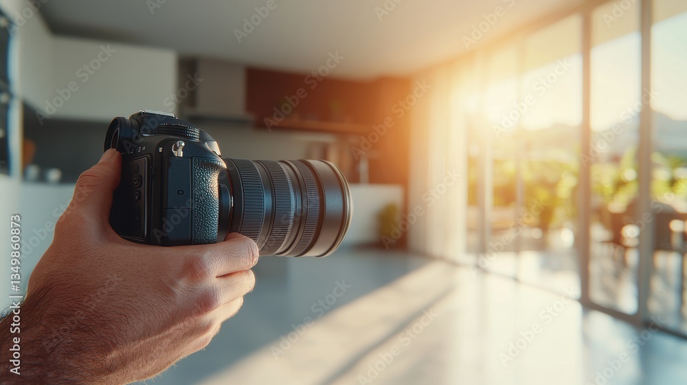 Naklejka premium A person holds a DSLR camera, capturing sunlight streaming into a modern living space with stylish decor.