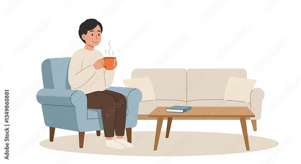 Man Relaxing at Home Drinking Coffee in Comfortable Armchair Man Relaxing at Home Drinking Coffee in Comfortable Armchair