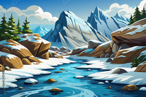winter landscape with river with snowy mountains rocks and snow cartoon background