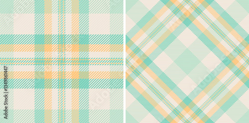 Pair of pastel plaid patterns. Soft teal and peach tones create a calming, versatile design ideal for textiles, websites, and packaging.