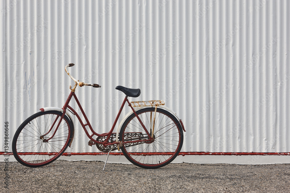 Old red rusty bike in front of white metallic wall. Iceland