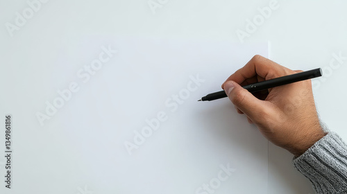 A right hand grips a black pen poised above a blank white surface, suggesting a moment of inspiration and the potential for creativity in writing or drawing