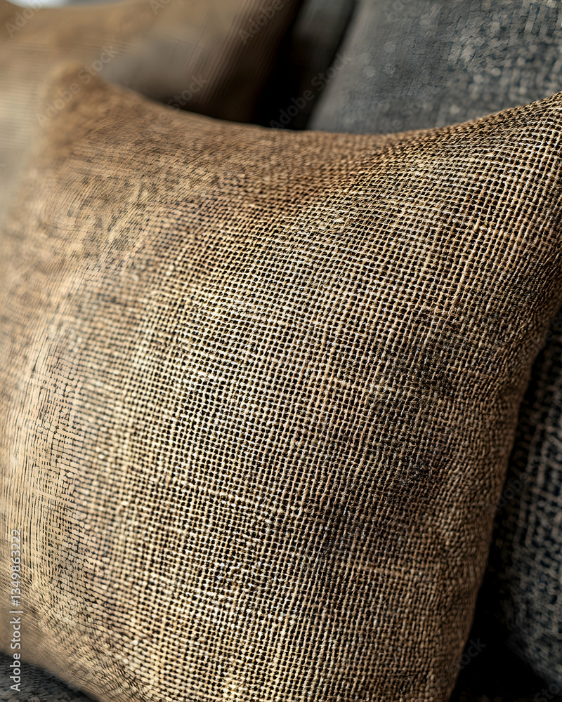 Close-up of rustic brown cushion, textured weave, subtle color variations. Cozy home decor Close-up of rustic brown cushion, textured weave, subtle color variations. Cozy home decor